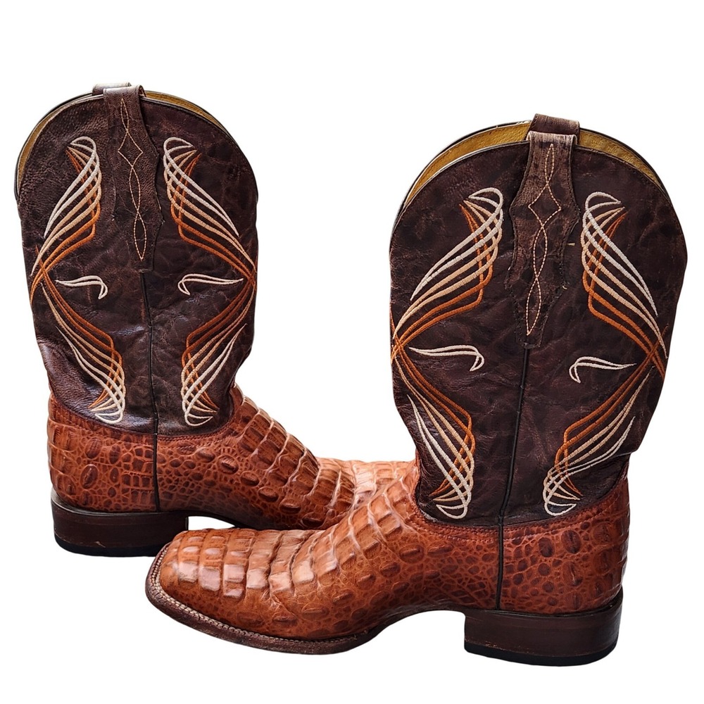 Jender's Caiman Belly Leather Cowboy Boots 10D Square Toe Cognac Mexico New Heel